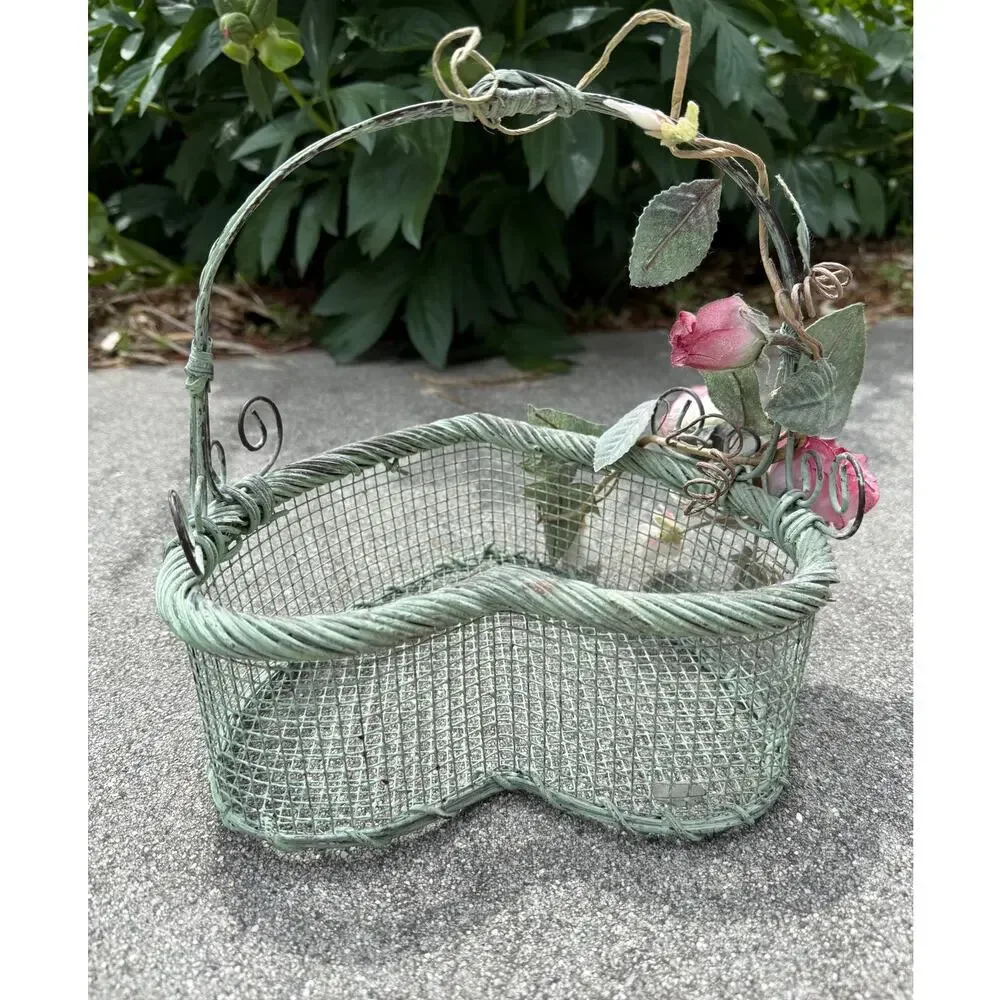 Vintage Heart Shaped Metal Wire Basket with Roses